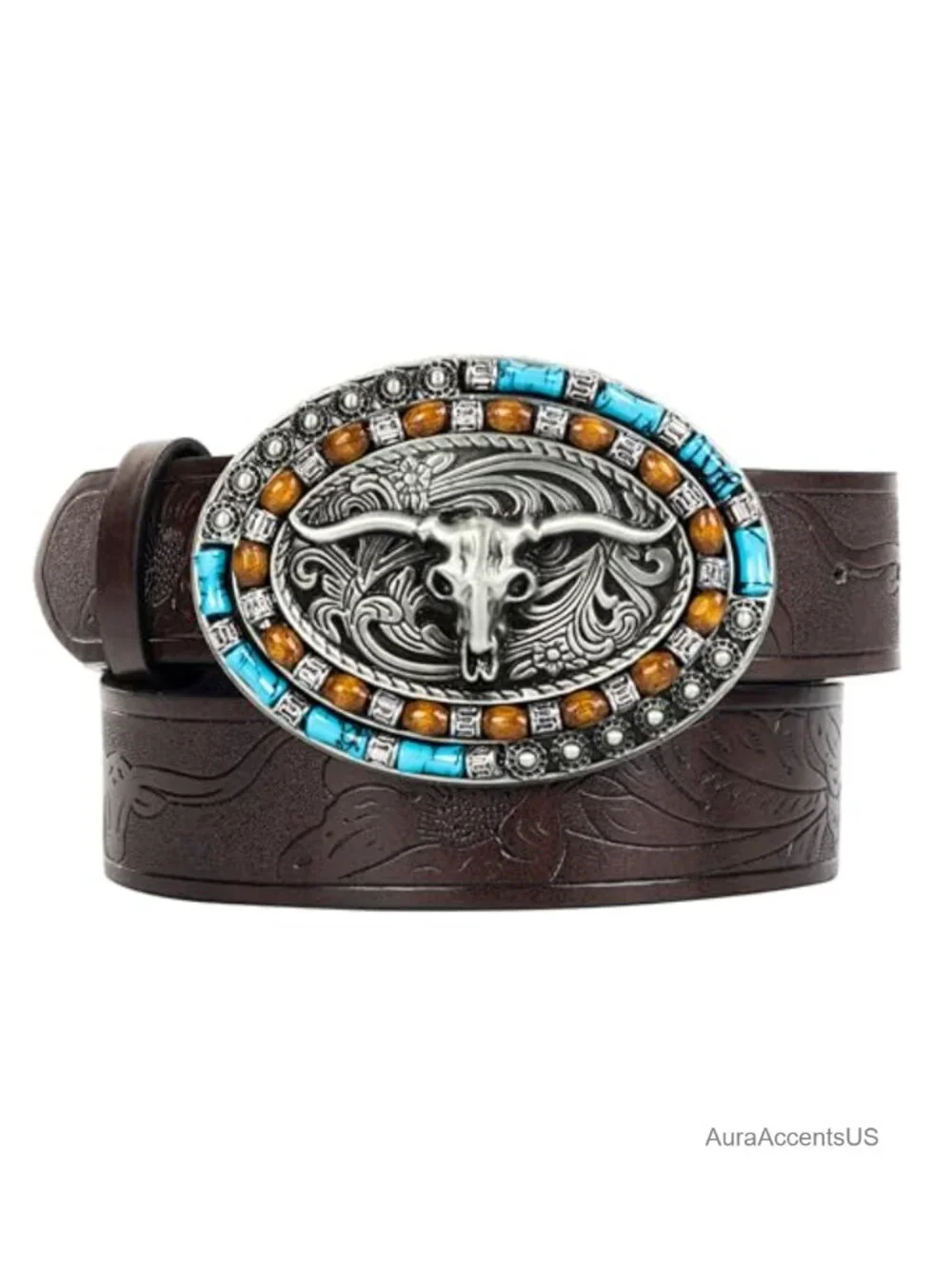 Women's Western Leather Belt with Turquoise Oval Buckle - Cowboy Cowgirl